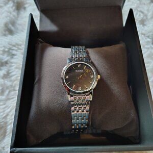 Bulova Ladies Stainless Steel Watch with Black Mother-of-Pearl and Diamond Dial